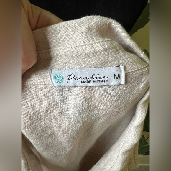 Paradise 100% Italian Linen Beige Button Front Short Sleeve Midi Dress M - Picture 8 of 9